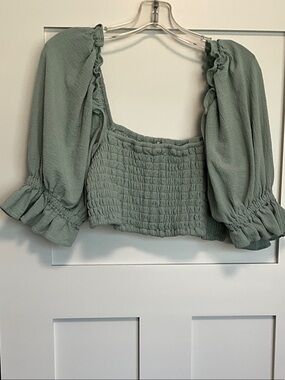 Free People Sage Green Smocked Puff-Sleeve Crop Top